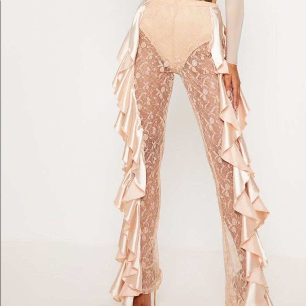 NUDE LACE RUFFLE DETAIL FLARE LEG PANTS
